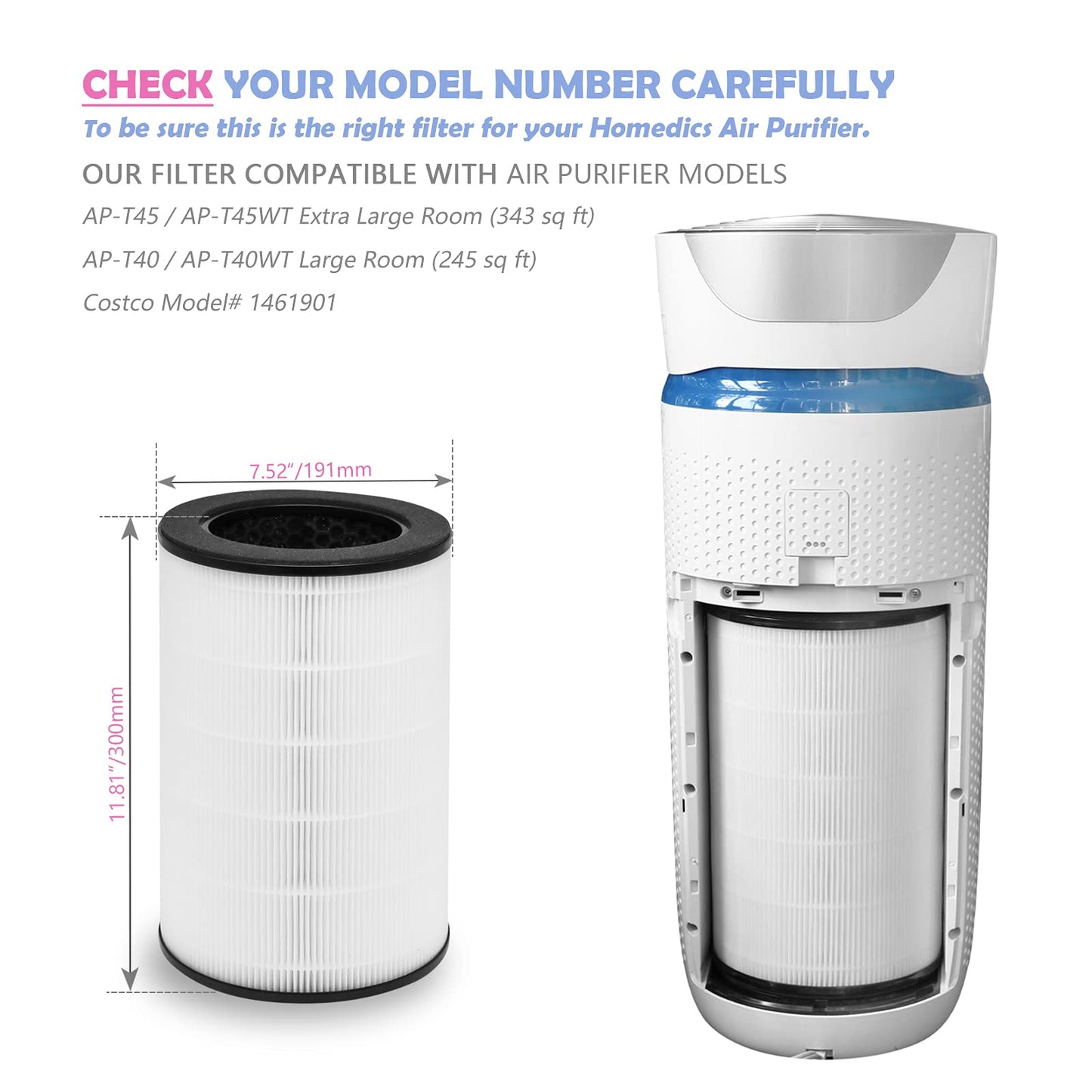 AP-T40FL Replacement Filter Compatible with Homedics Air Purifier Models# AP-T45, AP-T45WT, AP-T40, AP-T40WT, AP-T40WTAR, 1461901 (Costco Model), 2-Pack