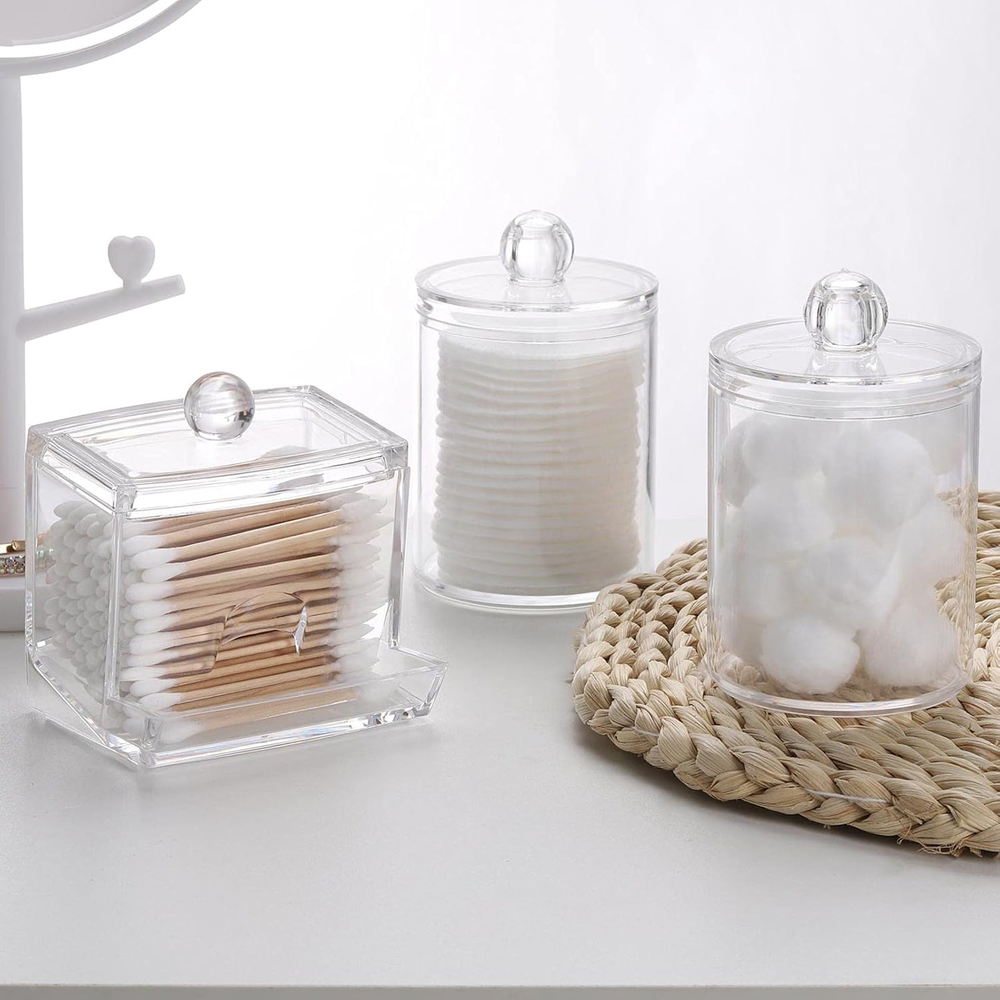 Tbestmax Cotton Swabs Holder - Stylish Bathroom Organizer Jar for Cotton Balls & Swabs | 10/7 OZ, Set of 3