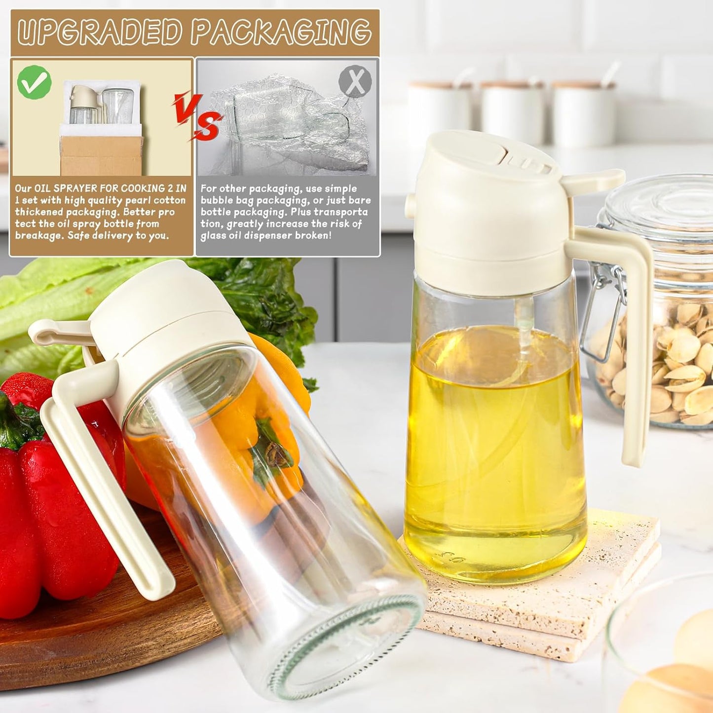 Skiennix Oil Sprayer - 2-in-1 Glass Dispenser for Cooking | 16oz Olive Oil Mist Bottle (White)
