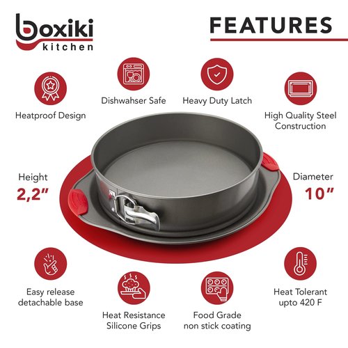 Boxiki Kitchen 10 Inch Nonstick Springform Pan, Professional Spring Form and Cheesecake Baking Mold, Leakproof Cake Pan with Silicone Handles