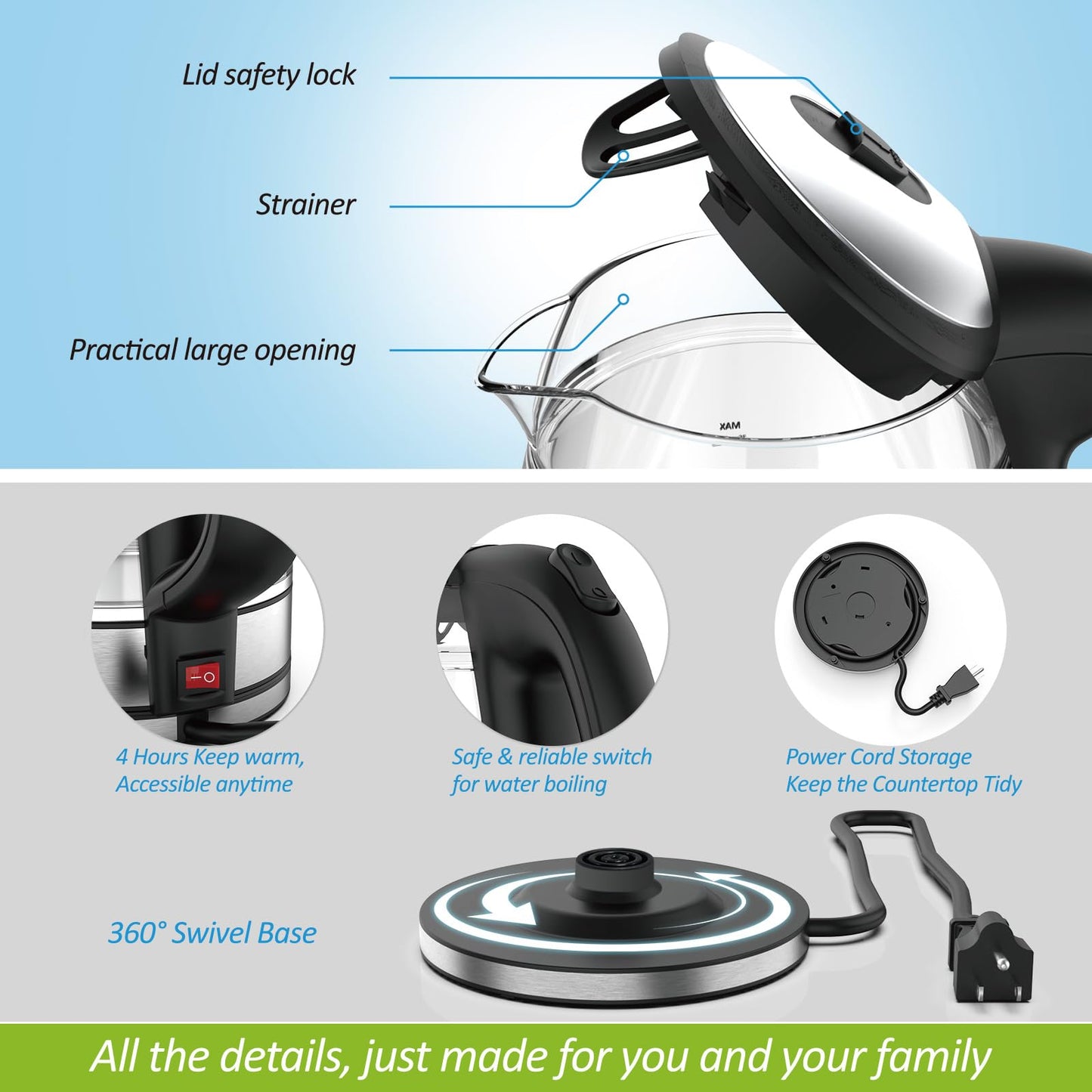 NISVITU Glass & Stainless Steel Cordless Electric kettle for boiling water, Hot water boiler Electric Tea Kettle automatic shut off Boil-Dry Protection, PC Outer + Glass Inner, 1500W, 1.7L, BK