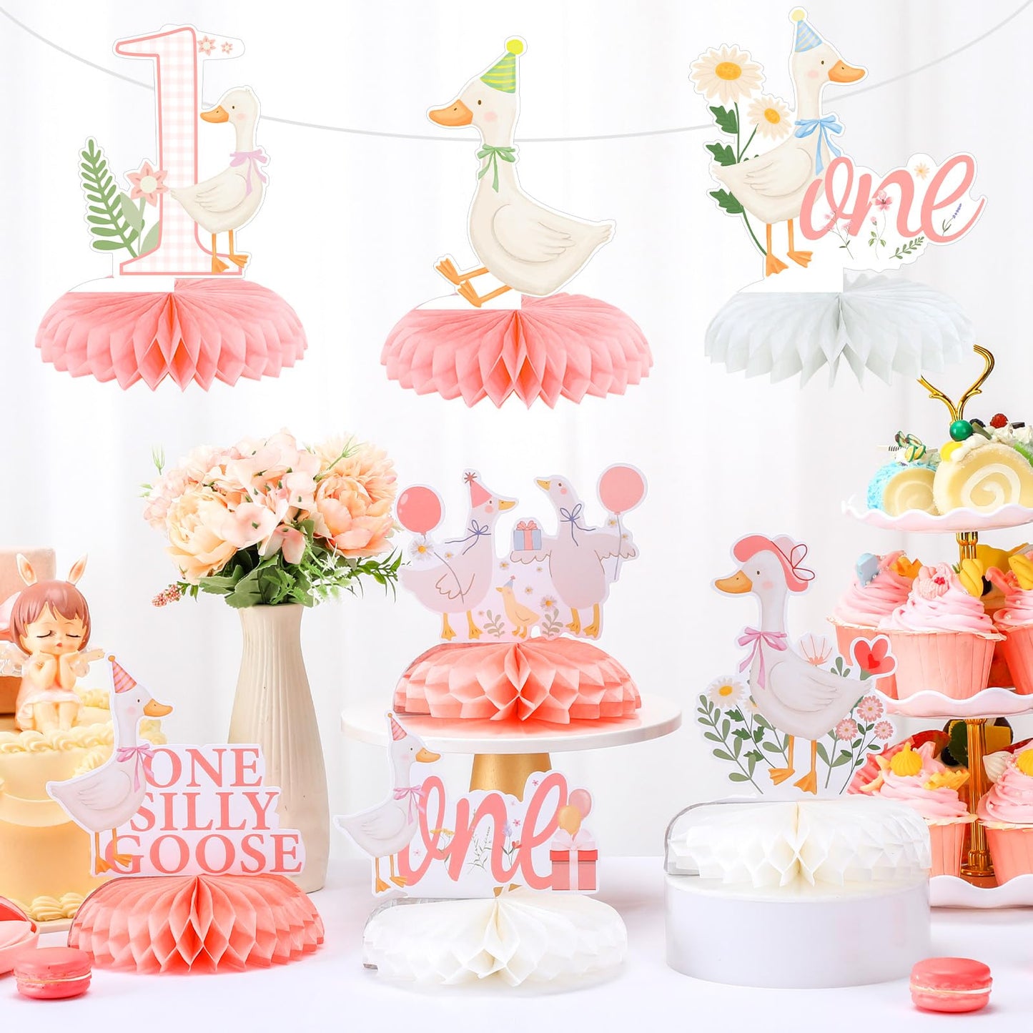 Weekgrat 8 Pcs One Silly Goose Birthday Decorations Silly Goose Birthday Honeycomb Centerpieces Pink 1st Party Supplies for Women Pink Bow Duck Funny Party Supplies