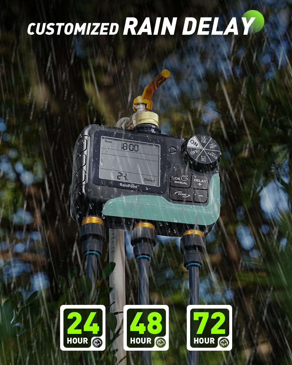 RAINPOINT 3-Zone Water Timer - IP65 Waterproof, Customizable Sprinkler Plans, Large LCD Display