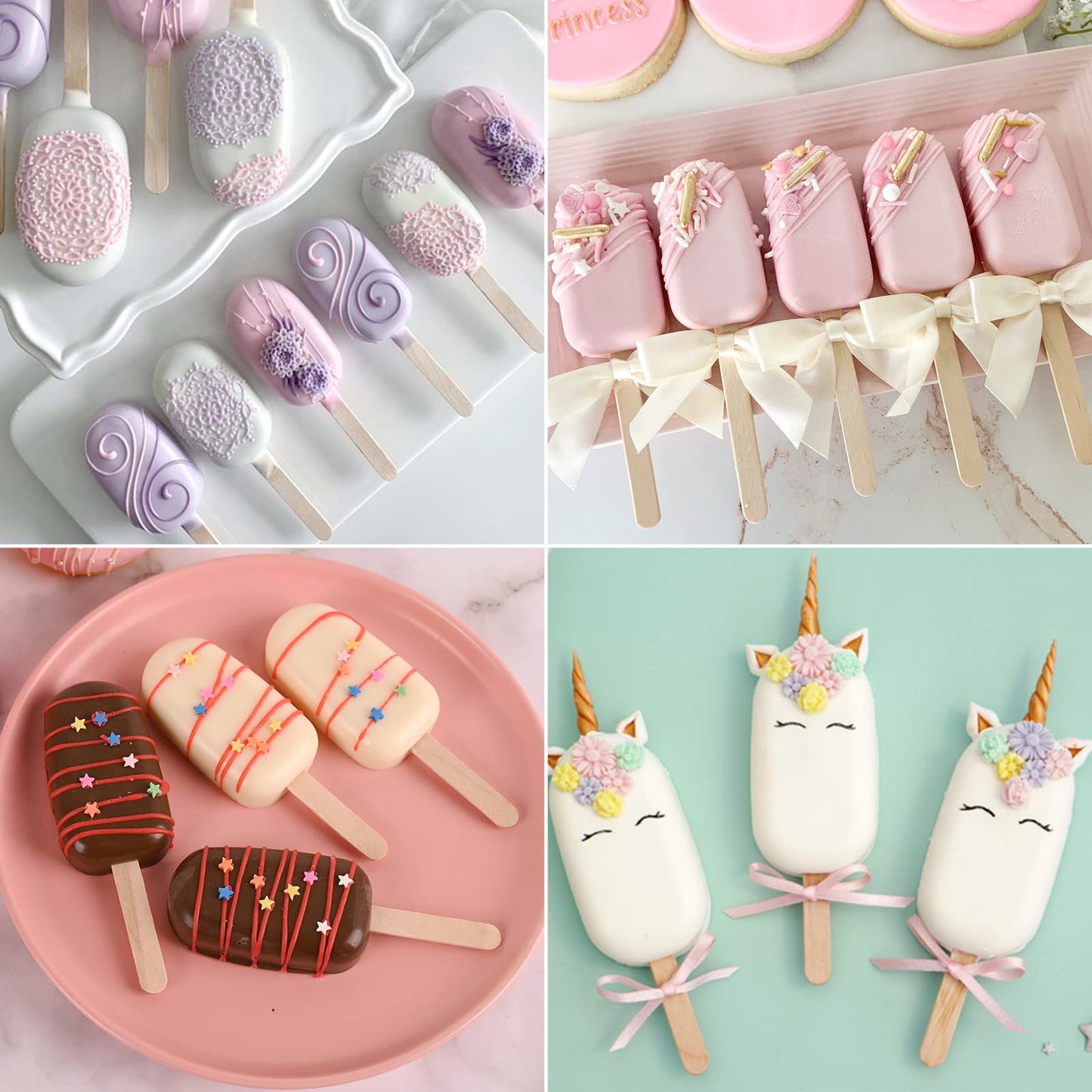 Sakolla 2 Pack Mini Popsicle Silicone Molds, 4 Cavities Oval Ice Pop Molds with 50 Wooden Sticks for Homemade Ice Cream, Cakesicles, Cake Pop (White)