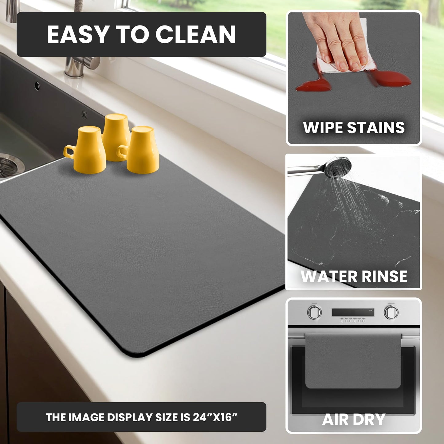 STRABELLA Dish Drying Mat Super Absorbent – 16" x 12" Coffee Mat for Countertops – Non-Slip Drying Mat for Kitchen Counter – Easy to Clean Water Absorbent Mat – Quick Dry Dish Drying Mats (Dark Gray)
