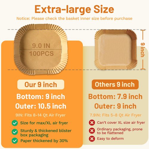 Ailifeer Air Fryer Disposable Paper Liner, Natural Baking Parchment Paper Air fryer liners,Thickened Oil-Proof High Temperature,for Air Fryers,Ovens,Pan and Microwaves (9inch-XL-Thick, square-Brown)
