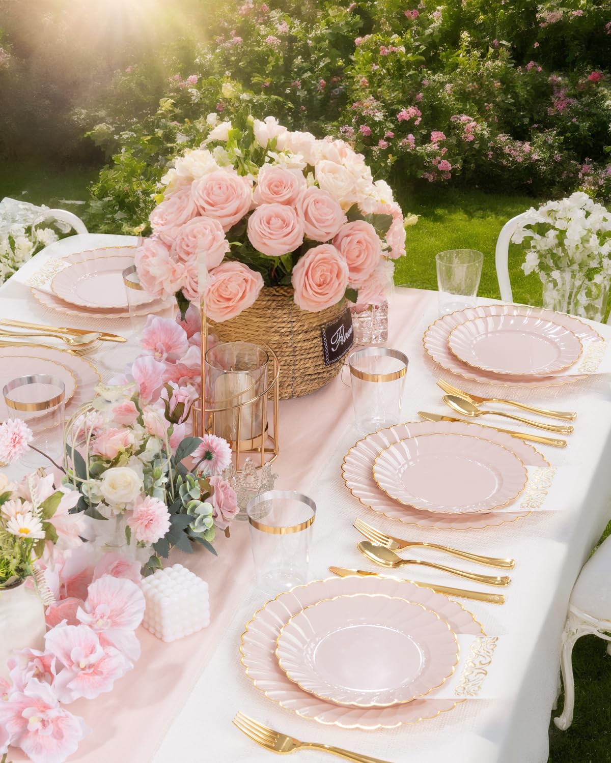 YOUBET 175PCS Pink Scalloped Plastic Plates - Gold Disposable Dinnerware Set Include 50 Plates, 75 Gold Silverware, 25 Cups, 25 Napkins for Party & Wedding & Baby Shower Mothers Day