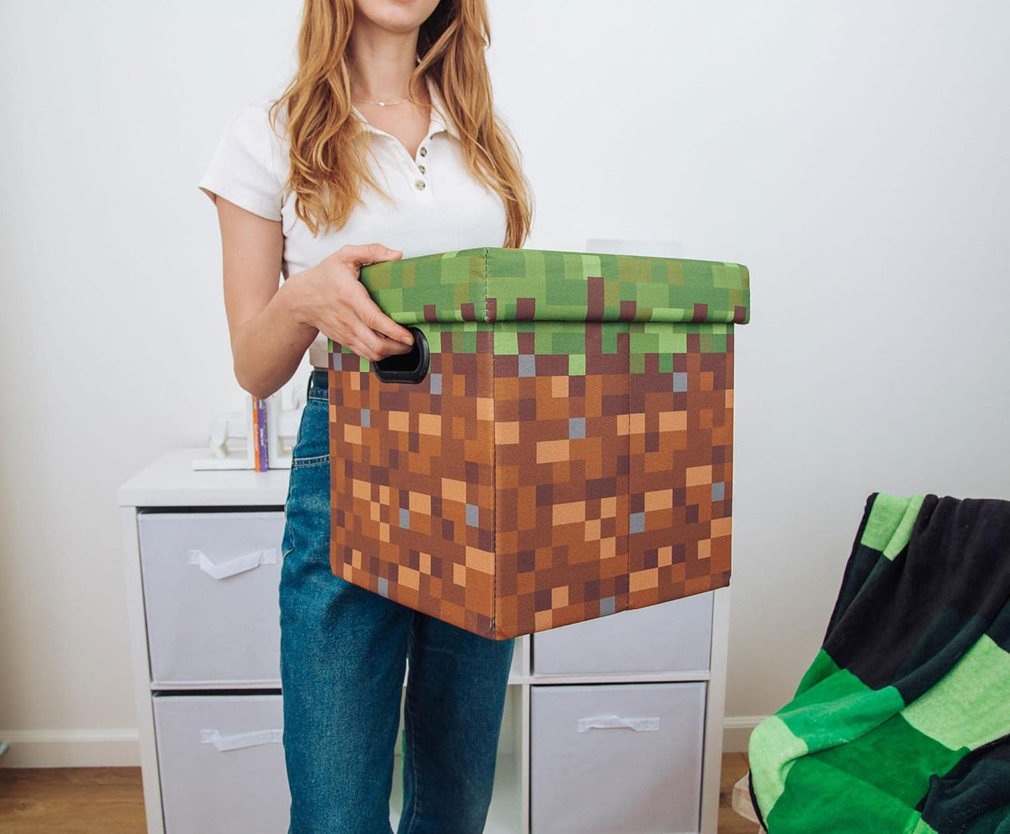 Minecraft Grassy Block Storage Bin - 13-Inch Foldable Fabric Basket with Lid | Cube Organizer for Shelves & Closet
