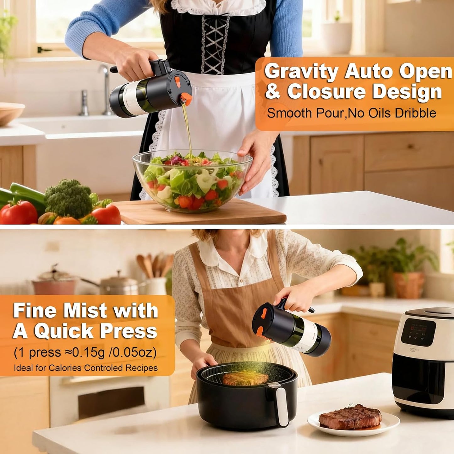 Skiennix 2-IN-1 Oil Sprayer - Light-Blocking Dark Glass Olive Oil Dispenser | 500ml for Cooking & BBQ
