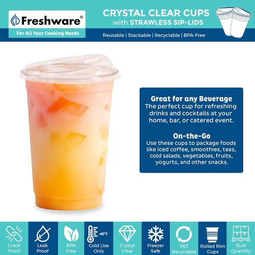 Freshware 16 oz Clear Disposable Plastic Cups - Heavy-Duty Tumblers with Strawless Sip Lids, 100 Pack