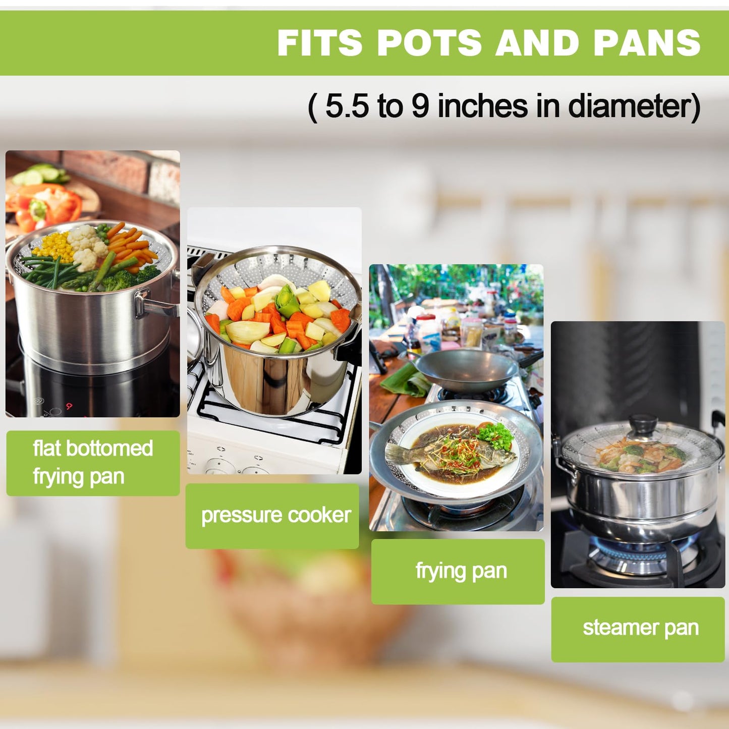 Vegetable Steamer Basket - Stainless Steel Folding Basket for Cooking, Vegetables, Fish, Pasta, Eggs, Fit Various Size Pot (5.5 inches to 9.2 inches)