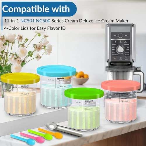 Creami Deluxe 4-Pack Pints - 24oz Ice Cream Maker Accessories with Lids & Spoons | BPA-Free, Dishwasher Safe