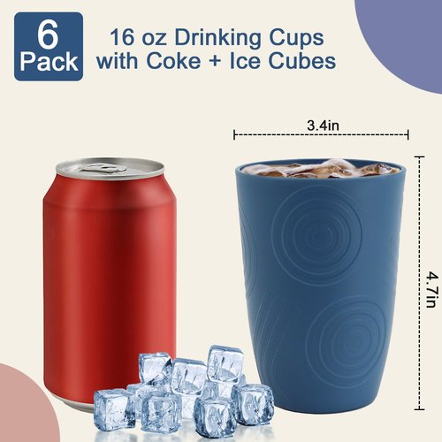 BUSOKIP Wheat Straw Cups 16 OZ, Plastic Drinking Glasses, Drinking Cup, Unbreakable Kitchen Cups Sets of 6, Microwave & Dishwasher Safe Water Glasses, Reusable Plastic Cup for Party (Multicolor)