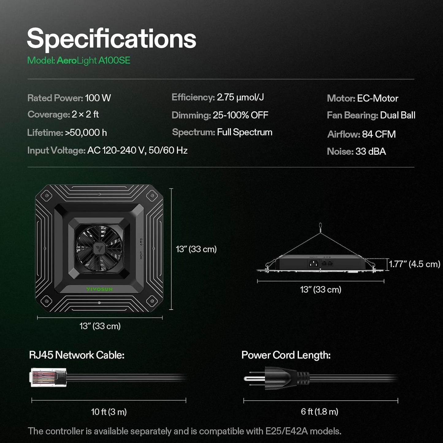 VIVOSUN AeroLight A100 LED Grow Light - Tunable Spectrum, 100W with Integrated Fan | App Compatible