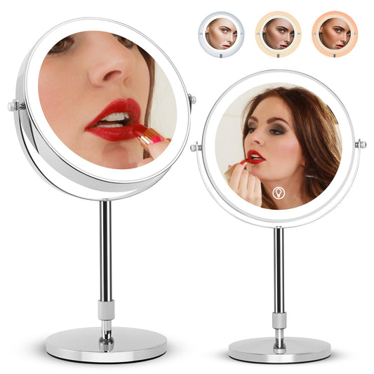 10x Large Vanity Mirror with Lights, LED Makeup Mirror with 3 Color Modes & 1x/10x Magnification, 8" Adjustable Height, 2500mAh Rechargeable, 360° Rotating Double-Sided Mirror, for Women