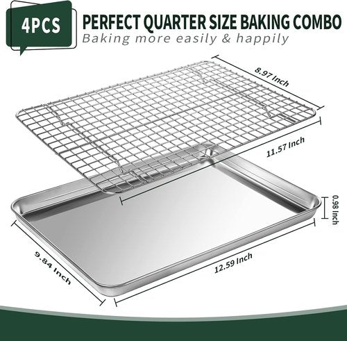 CEKEE Quarter Sheet Pan Set - Stainless Steel Baking Sheets with Cooling Racks | Rust & Warp Resistant, 12 x 9.8 x 1 Inch