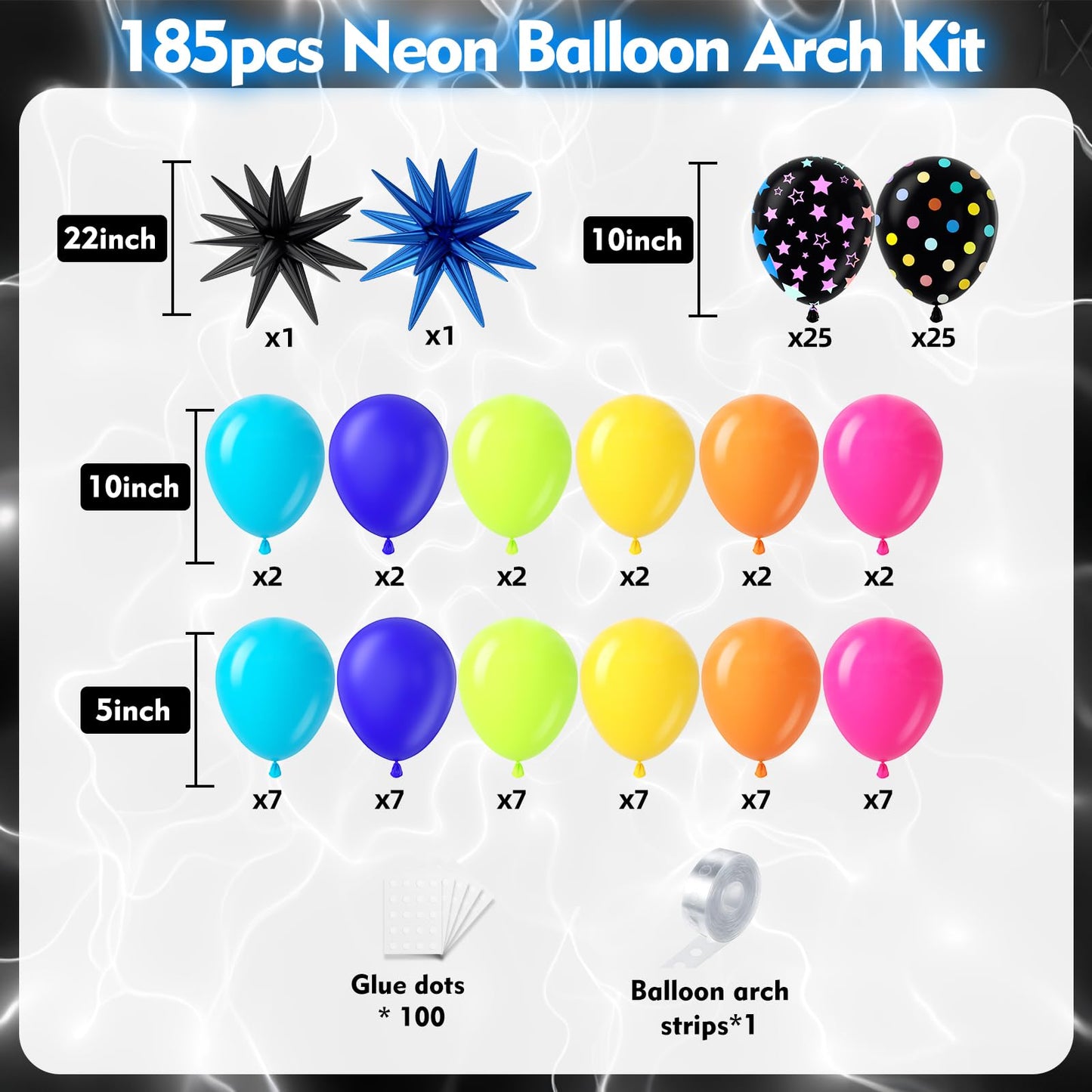 PTGOLUO 185Pcs Neon Balloons Arch Garland Kit with Glow in the Dark Balloons, Neon Balloons Arch Kit for Back to 80s 90s DISCO Birthday Party Decorations, Let's Glow Party, Rock Roll Party Supplies