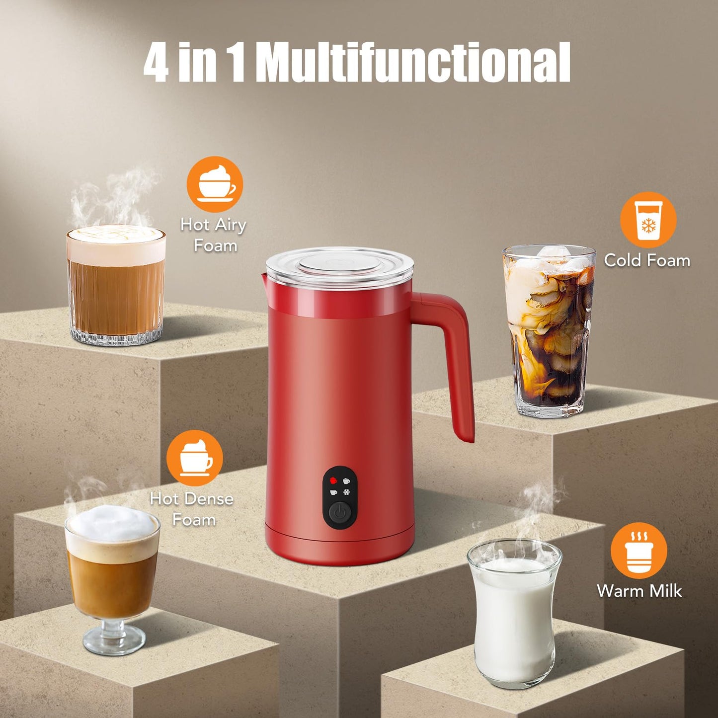 Milk Frother, 4-in-1 Electric Milk Steamer and Frother, 13.5oz/400ml Automatic Large Capacity Warm and Cold Foam Maker, Milk Warmer and Coffee Frother for Latte, Cappuccino, Macchiato(Red)