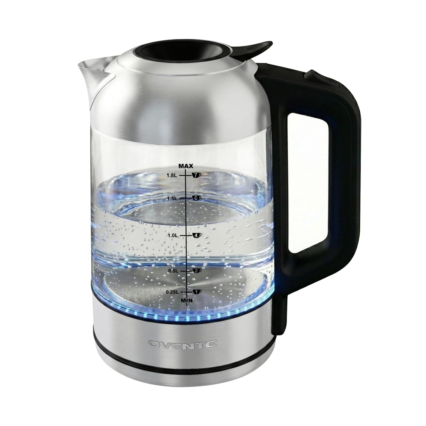 OVENTE Electric Kettle, 1500W No Plastic 1.8L Tea Kettle and Hot Water Boiler For Coffee or Tea, Easy to Fill Lid, Automatic Shut-Off, Borosilicate Glass with Stainless Steel Spout, Silver KG71S
