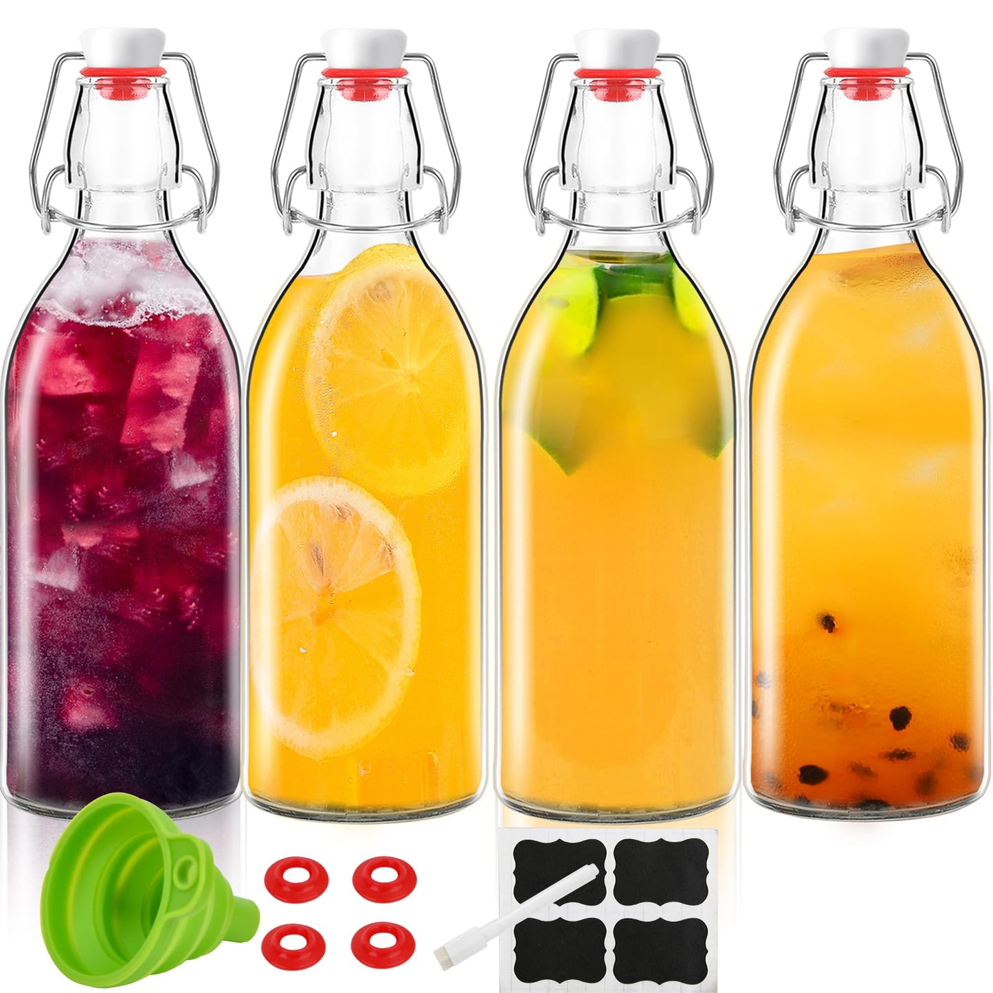4 Pack Swing Top Glass Bottles 32 oz,Flip Top Glass Bottles 32 oz with Airtight Lids for Home Brewing,Kombucha,Kefir,Vanilla Extract,Beer,Oil,Vinegar,Homemade Juices,Soda,Beverages,2nd Fermentation