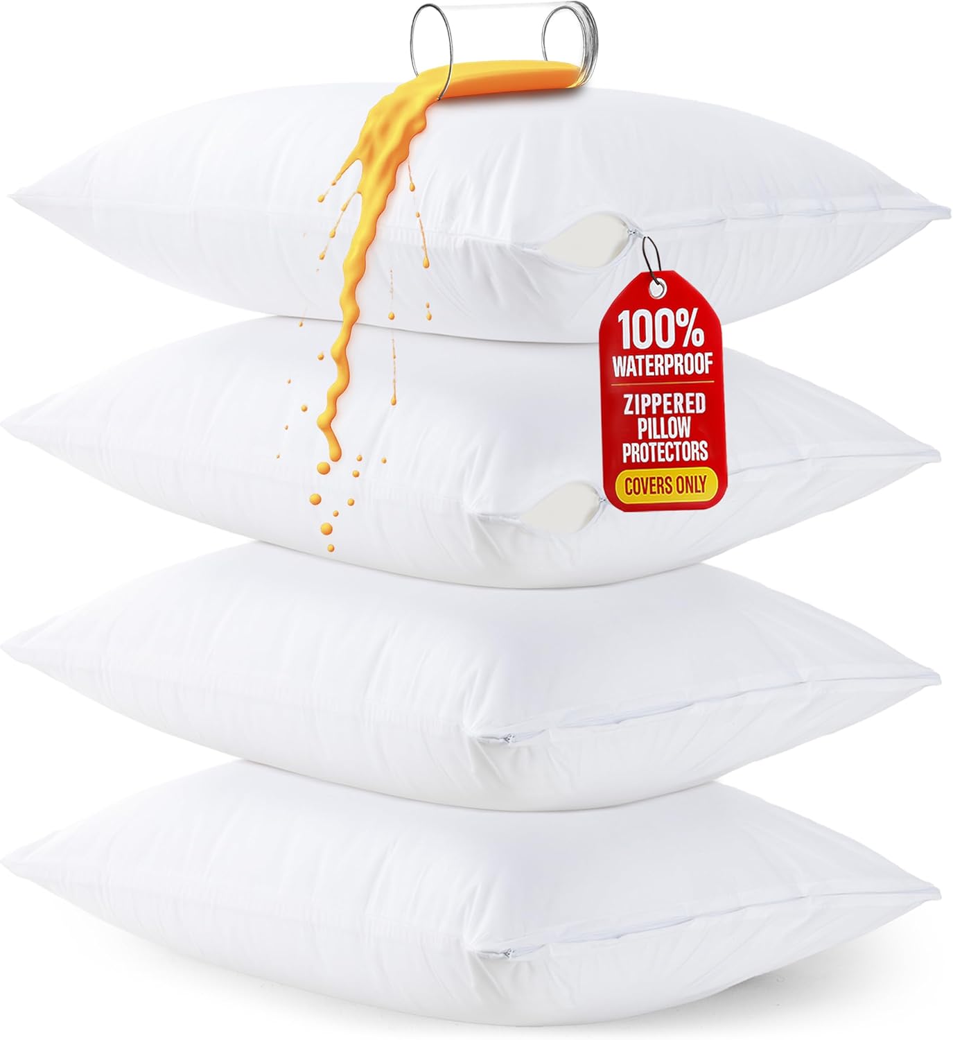 Utopia Bedding Pillow Protectors - Set of 4 Zippered Standard Size, Waterproof & Dust Mite Proof (White)
