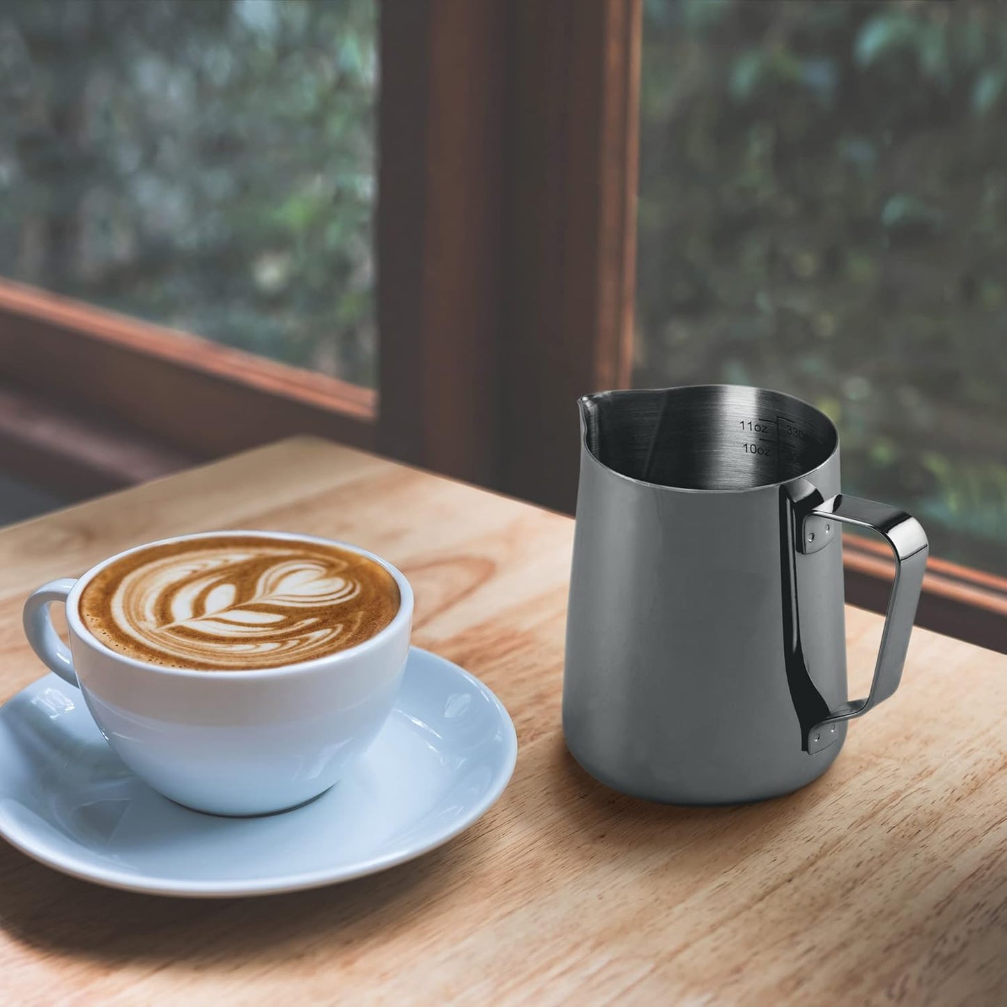 Zulay Milk Frother Cup - Stainless Steel Frothing Pitcher with Laser-Welded Handle | 350ml (12oz) Black