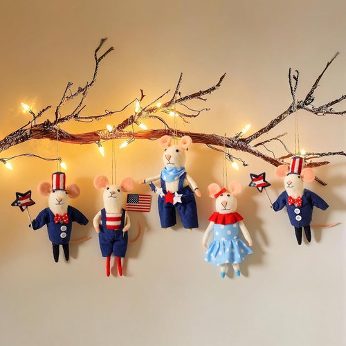 Hahafelt 4 Pcs 4th of July Felt Mice Ornaments - Cute Patriotic Wool Mouse Set for Memorial Day Decor | 3.94 Inch
