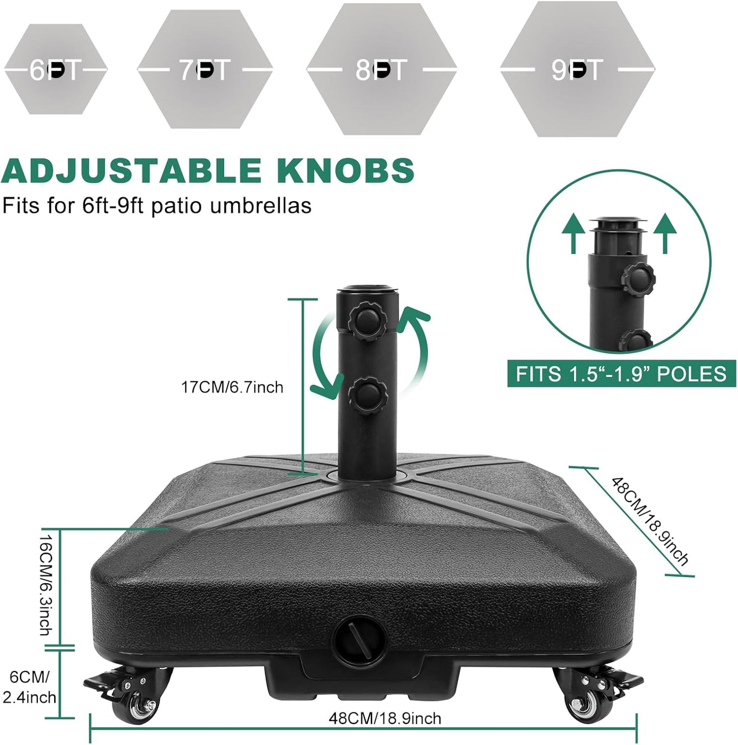 Skiennix Heavy-Duty Patio Umbrella Base with Wheels - Square Market Stand, 125lb Capacity, Black