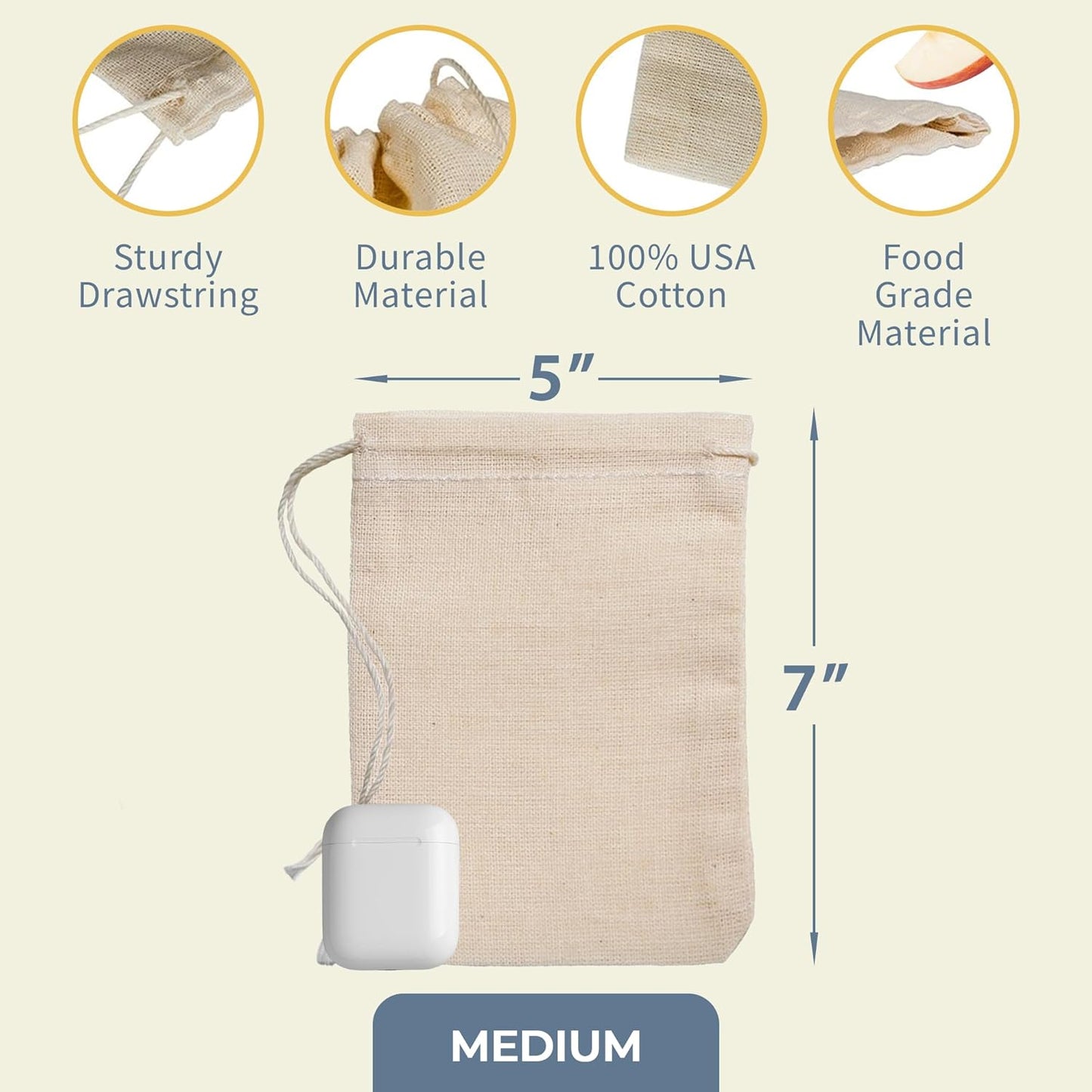 Celestial Gifts Muslin Bags 100pcs 5x7, 100% Cotton Drawstring Bags for Party Favors, Parts, Cowboy Coffe and More - Made in USA (Natural Hem & Drawstring)