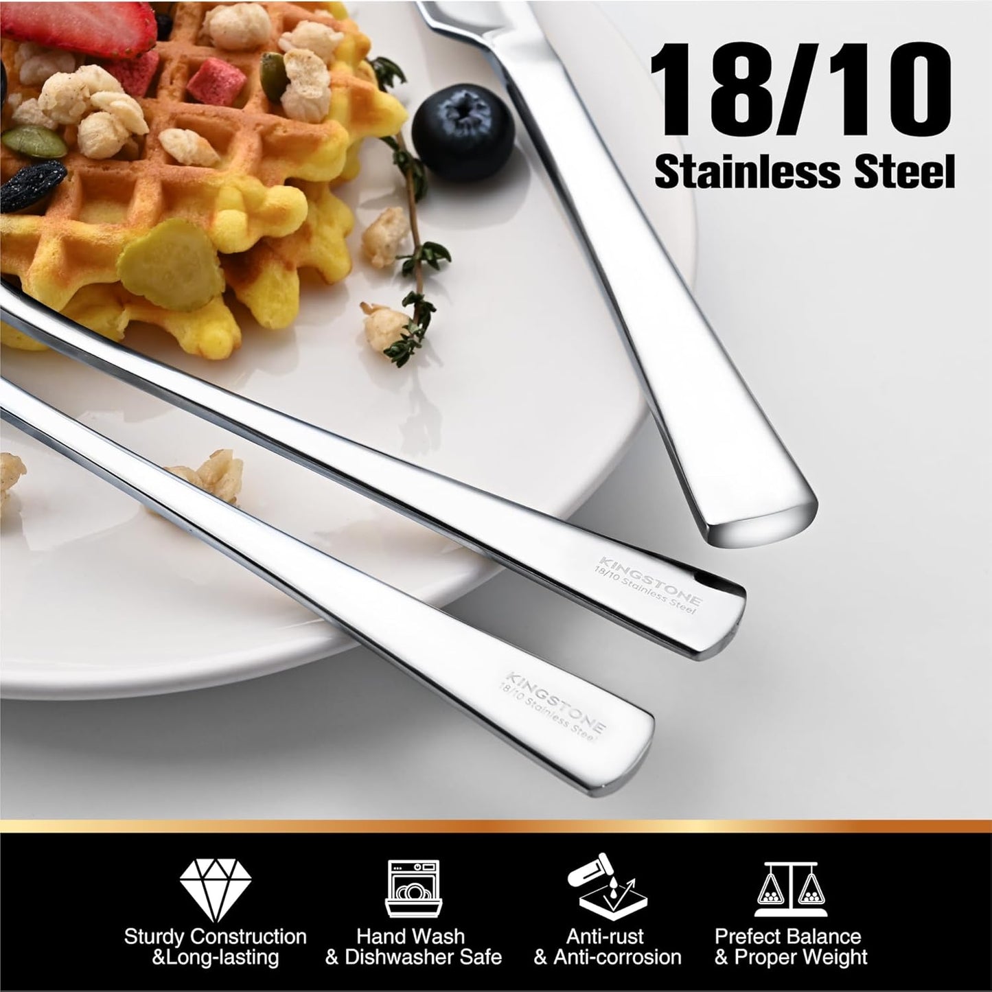 KINGSTONE 40-Piece Silverware Set for 8 | Forged 18/10 Stainless Steel, Mirror Finish, Dishwasher Safe