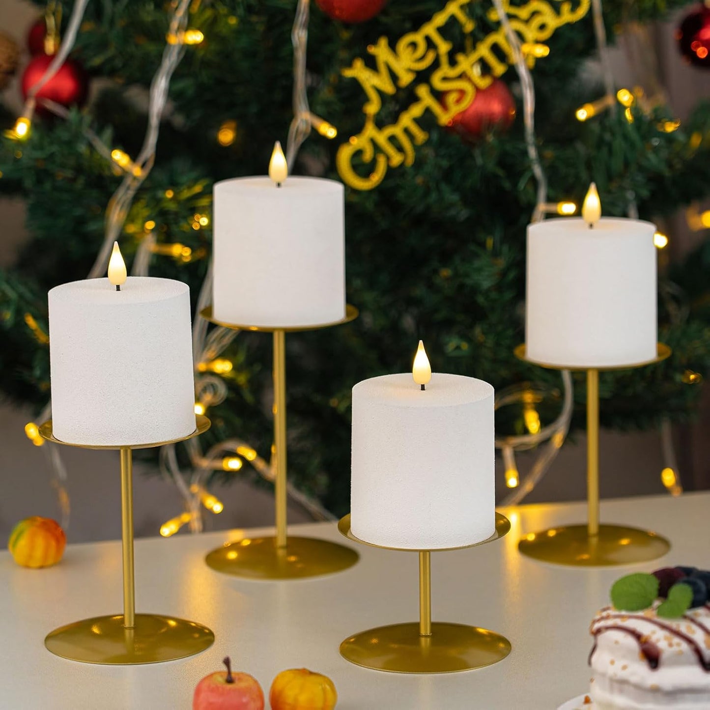 Smtyle Gold Metal Candle Holder Set - Elegant Pillar Candle Holders for Weddings | Minimalist Farmhouse Decor (Set of 3)