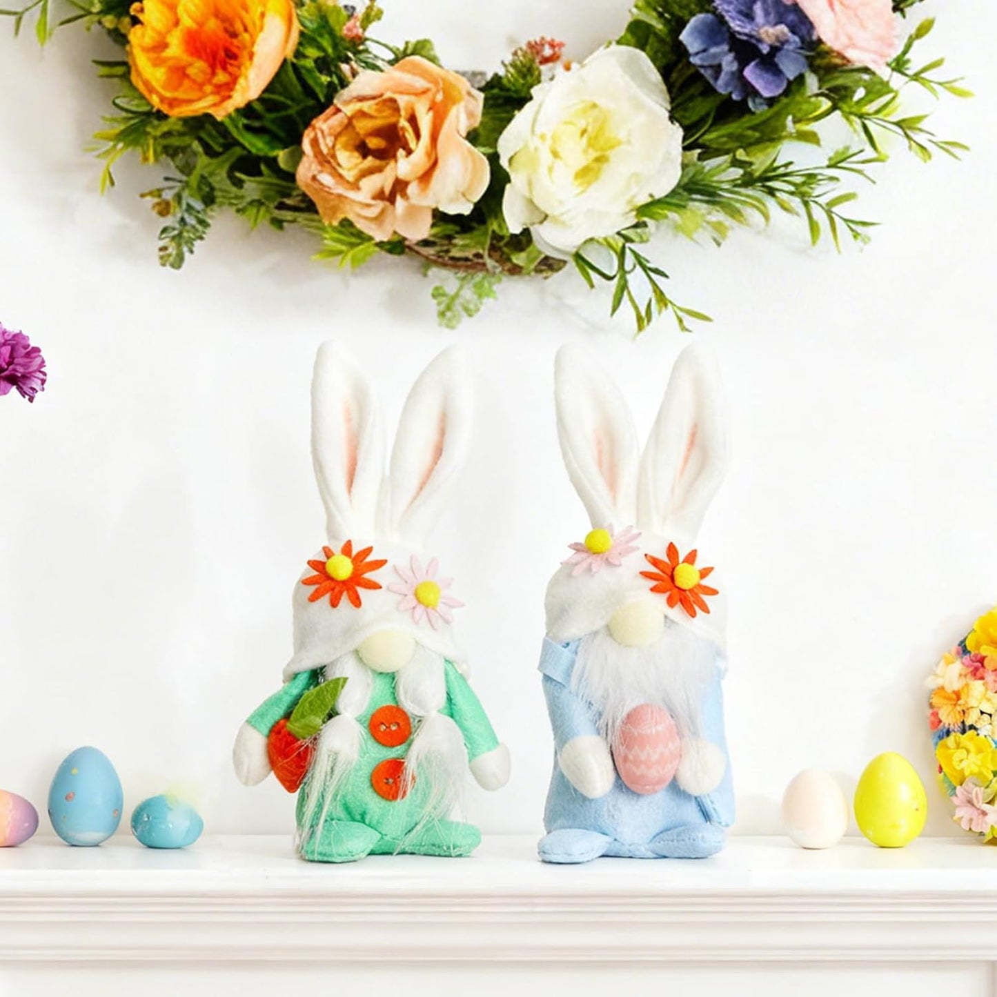 WDS Wondrous Easter Decorations - 2-Pc Bunny Gnome Stuffed Dolls with Carrot & Egg | Cute Spring Home Decor