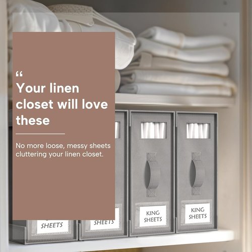 Criusia Bed Sheet Organizers - 6 Pack Foldable Linen Storage Boxes for King/Queen Bedding Sets | Grey