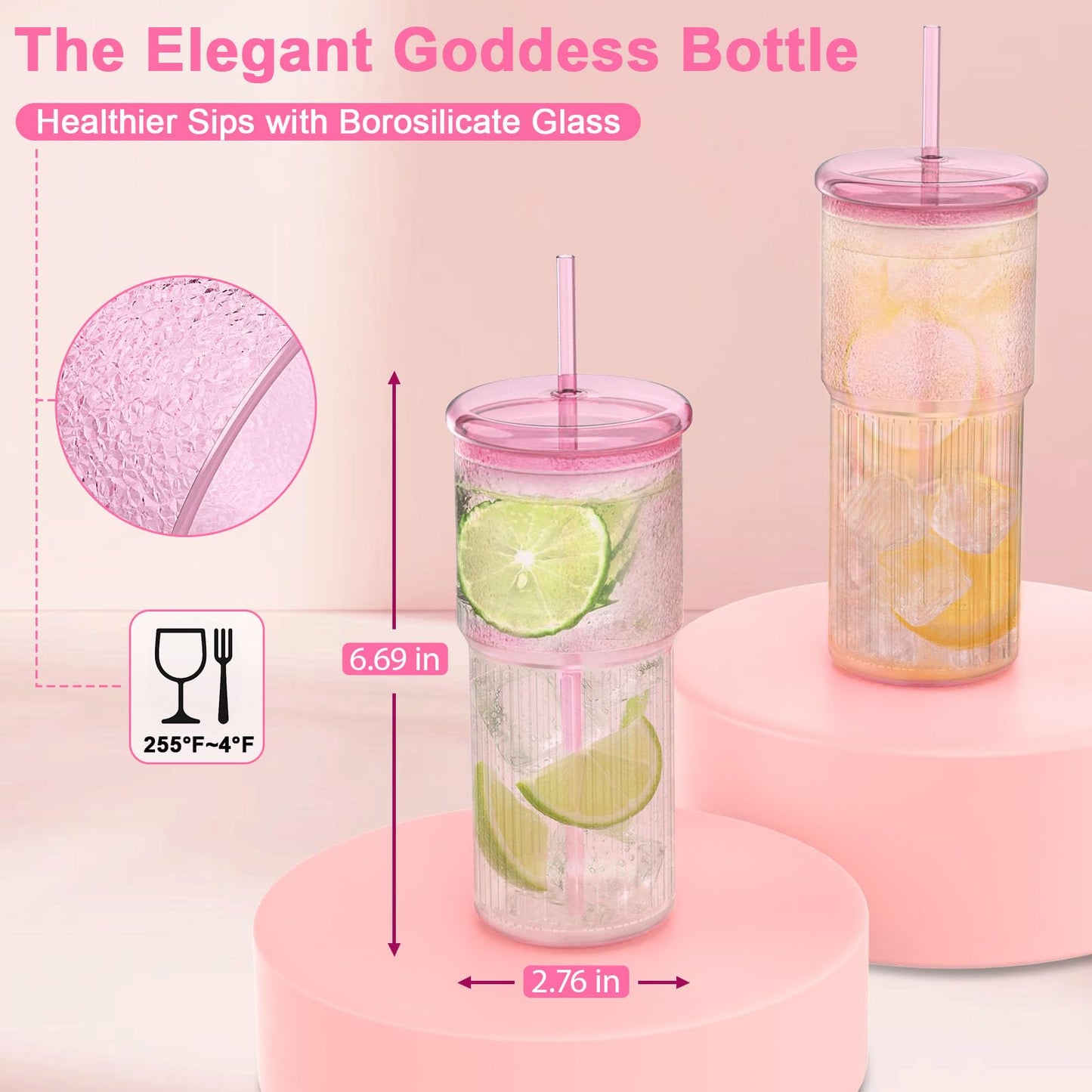 Luiaiog 20oz Glass Cups with Lids and Straws - Set of 4 Reusable Tumblers, Thickened Shatter-Resistant Glass, Ideal for Iced Coffee, Smoothies, Cocktails, Juices - Elegant & Durable Drinkware (Pink)