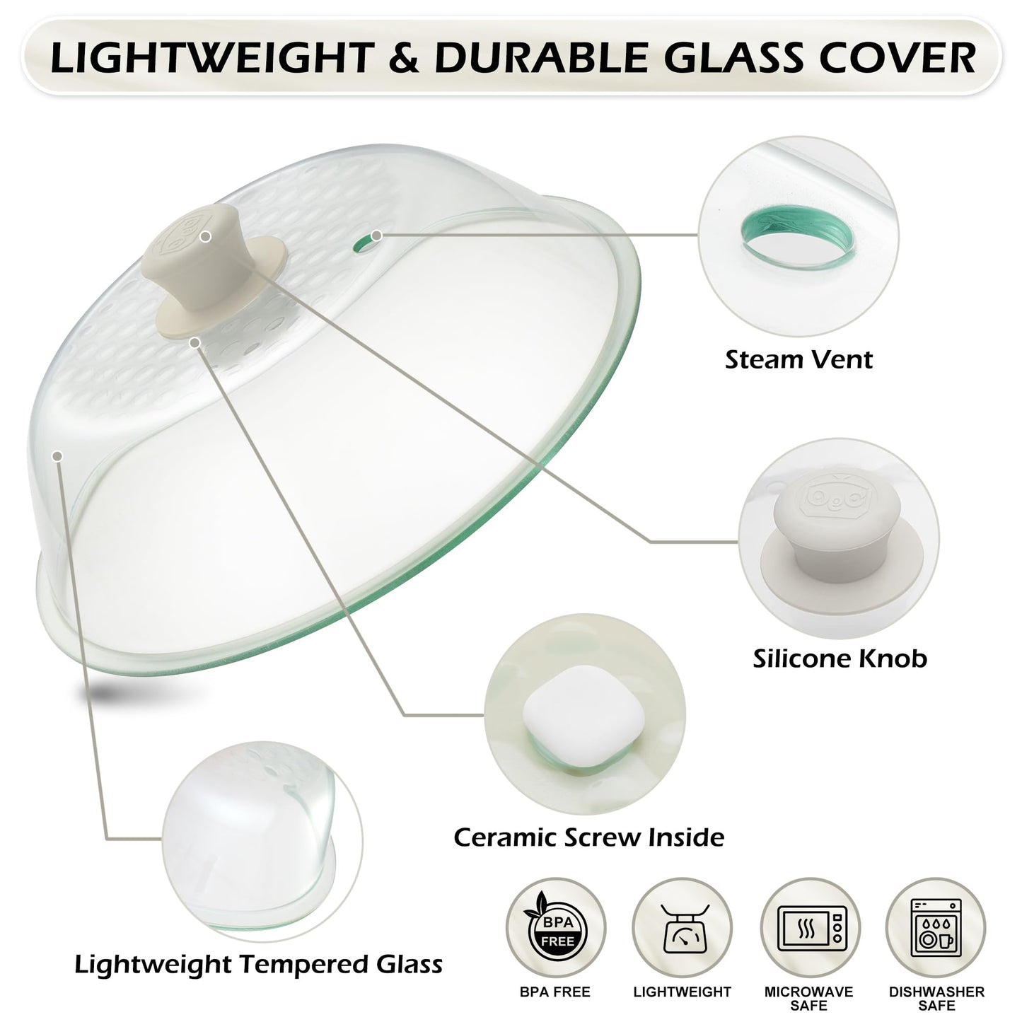 OEC Lighter Weight Tempered Glass Microwave Splatter Cover - 10 inch (Inner Diameter 8.7”) - Heat-Resistant - Durable Glass Lid with Vent, Silicone Knob, Dishwasher Safe, 100% Food Grade - BPA Free