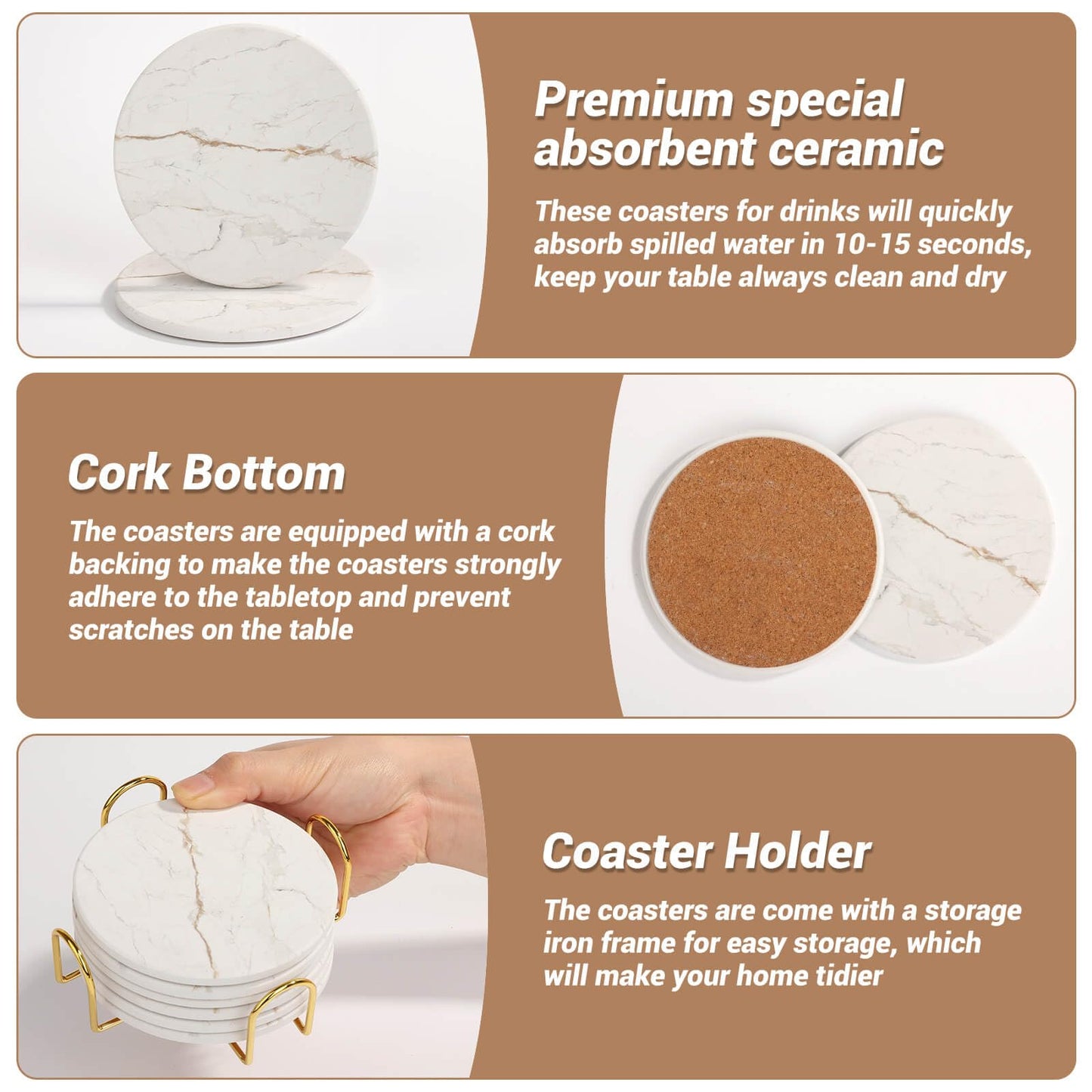 Acejoz Drink Coasters with Holder for Coffee Table, Absorbent Coasters Set of 6, Marble Style Ceramic Coaster for Wooden Table, Suitable for Kinds of Cups, Home Decor, 4 Inches(White)