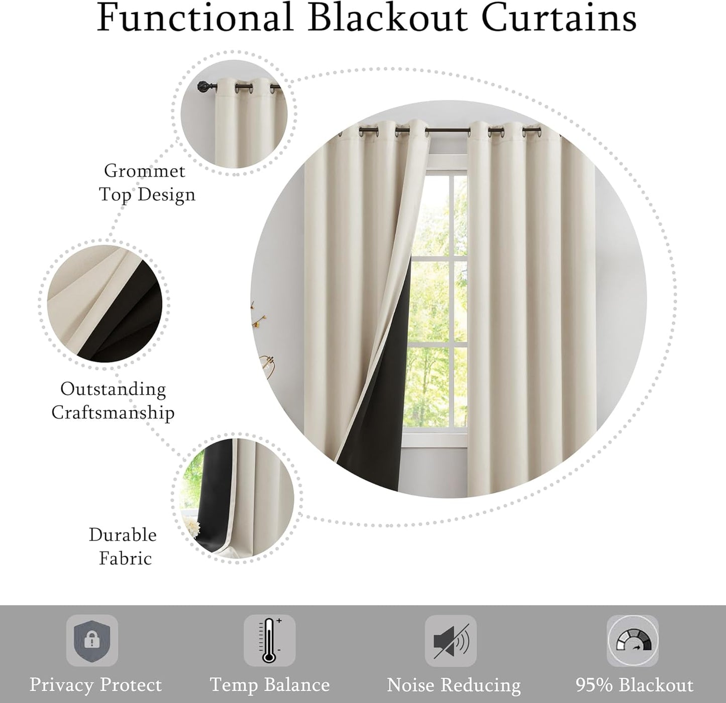 Urban Lotus Ivory Blackout Curtains - Thermal Insulated Room Darkening Drapes | 84" Length, 2 Panels