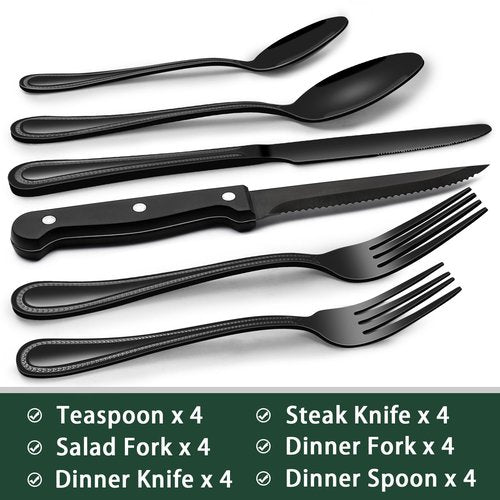 EWFEN 24-Piece Black Silverware Set with Steak Knives, Black Flatware Set for 4, Food-Grade Stainless Steel Tableware Cutlery Set, Mirror Finished Utensil Sets for Home Restaurant, Pearled Edge