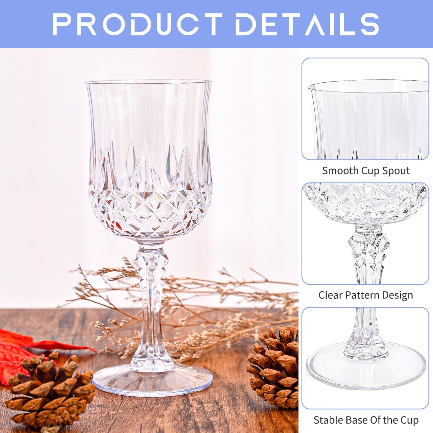 24 Pcs Clear Plastic Wine Glasses, Plastic Goblets for Parties, Vintage Wine Glasses Bulk, Reusable Drinking Glass, Drinkware Cups for Wedding Party Reception Event Supplies