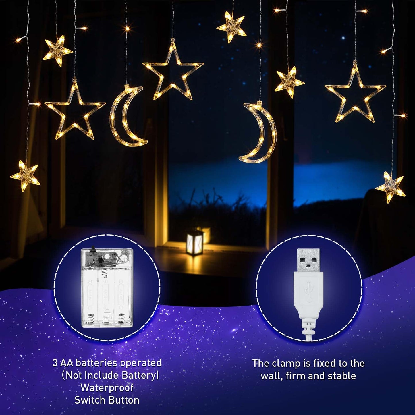 Riakrum 11.48 ft 21 LED Star and Moon String Lights Plug in Christmas Warm White Fairy Light Waterproof Decor for Bedroom USB Powered LED Curtain Light with USB Battery Box Cable Clip Wedding Party