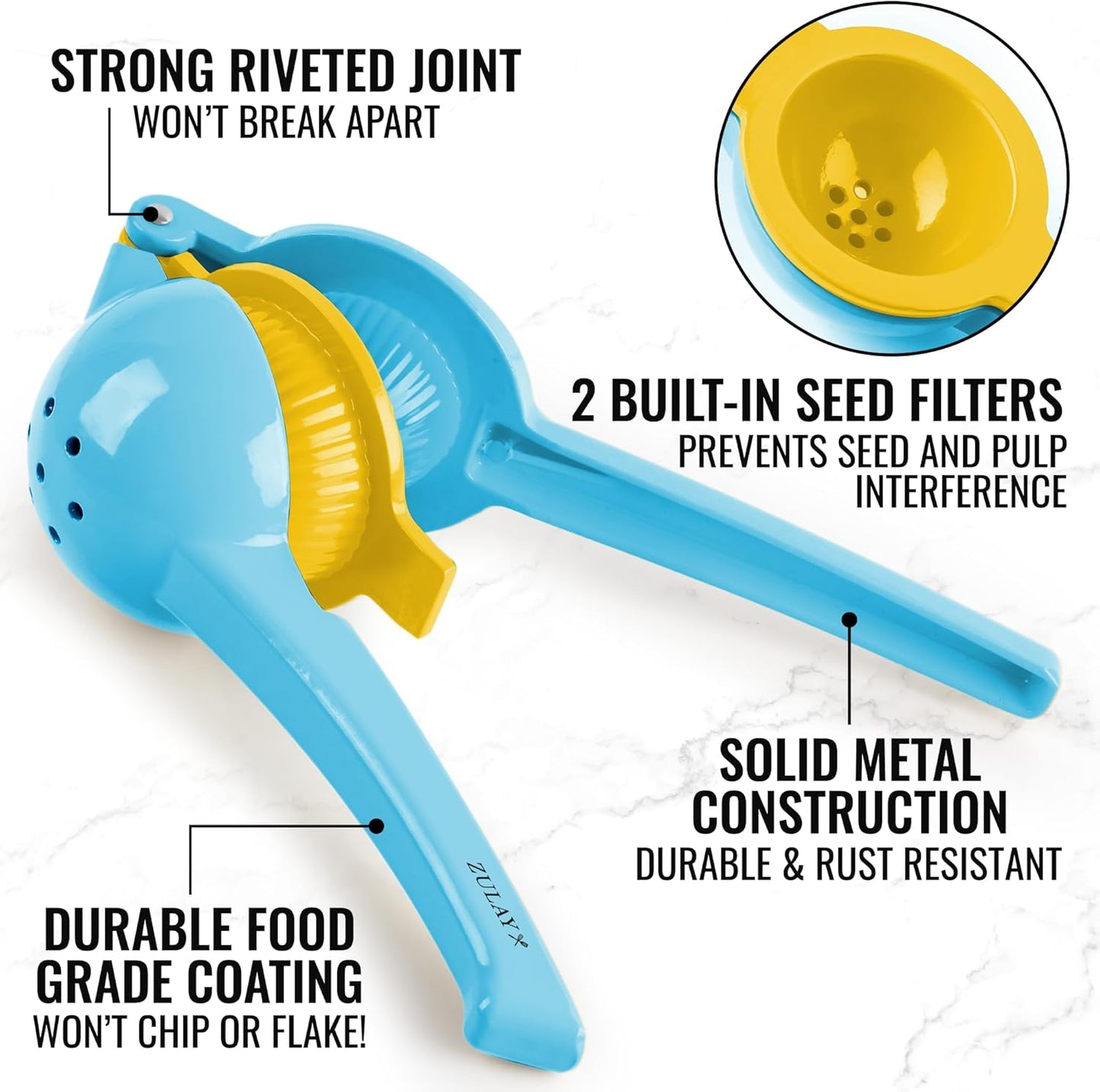 Zulay 2-In-1 Metal Lemon Squeezer - Sturdy Manual Juicer for Maximum Juice Extraction - Easy to Clean - Blue/Yellow
