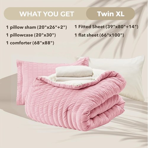 HYMOKEGE Twin XL Comforter Set - 5-Piece Seersucker Luxury Bedding in Pink/Ivory for All Seasons