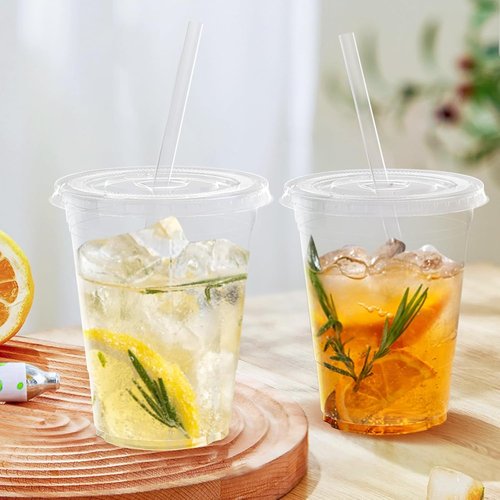 Dealusy 16 oz Clear Plastic Cups - 100 Pack with Lids & Straws | Sturdy, Food Safe Iced Coffee & Smoothie Cups