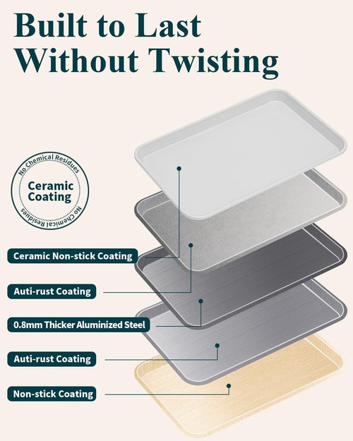 7PCS Ceramic-Coated Baking Sheet Set - Non-Stick Jelly Roll Pan with Rack, Spatula & Cutters | PFAS Free, Oven Safe (550°F), Sunshine Cream