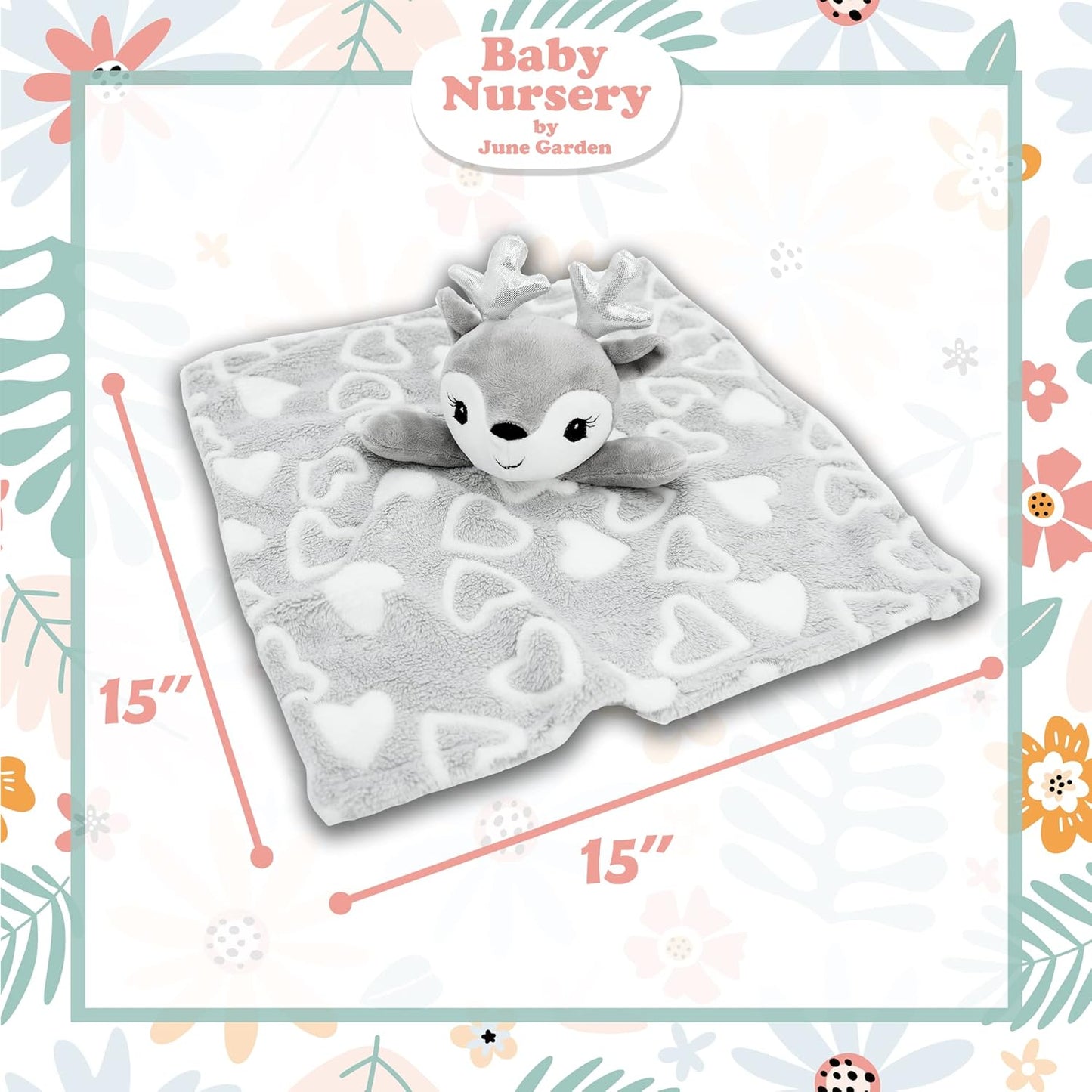 June Garden Cozy Dream Fleece Baby Security Blanket - Soft Plush Stuffed Deer Lovey | 15 x 15 Inches - Grey