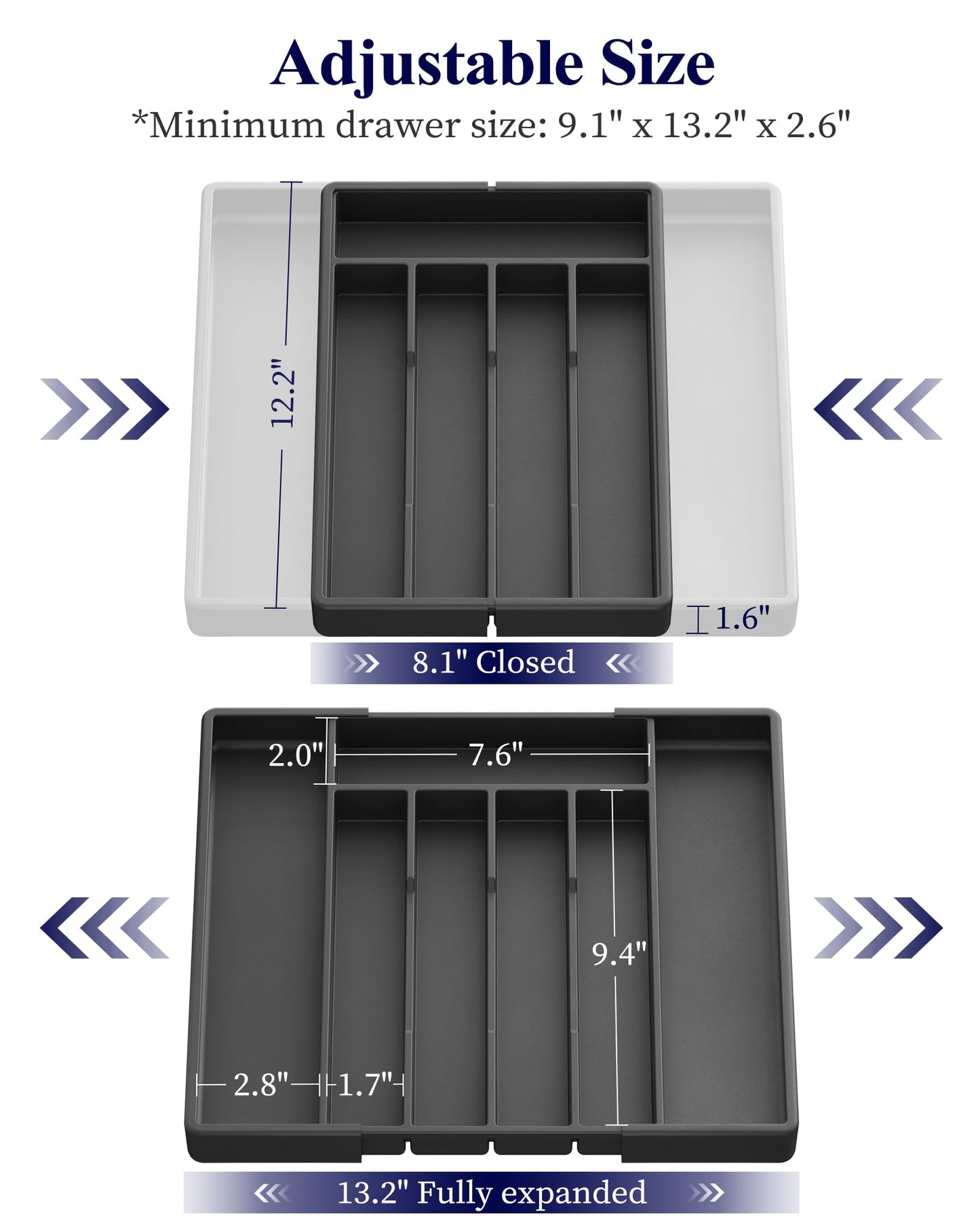 Kitsure Silverware Organizer for Drawers - Expandable Cutlery and Utensil Drawer Organizer with Easy Maintenance, Premium PP Kitchen Organizers and Storage for Flatware, Black, 13.2" x 12.2" x 1.6"