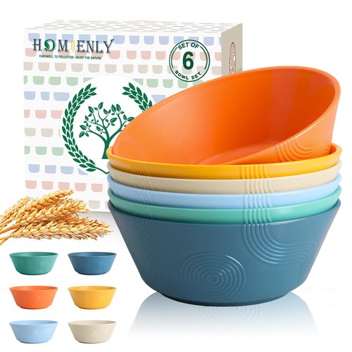 Homienly Unbreakable Cereal Bowls, Wheat Straw Bowl with Textured, 36oz Microwave Safe Plastic Bowls for Kitchen, Party, Large Soup Bowls for Popcorn, Ramen, Salad, Dishwasher Safe (Multi,6 PCS)