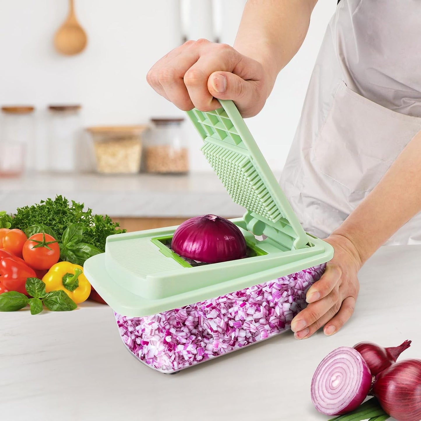 Vegetable Chopper 16-in-1 by [Brand Name] - Multifunctional Kitchen Gadget with 8 Blades & Container for Salad, Coleslaw, Meat, Nuts