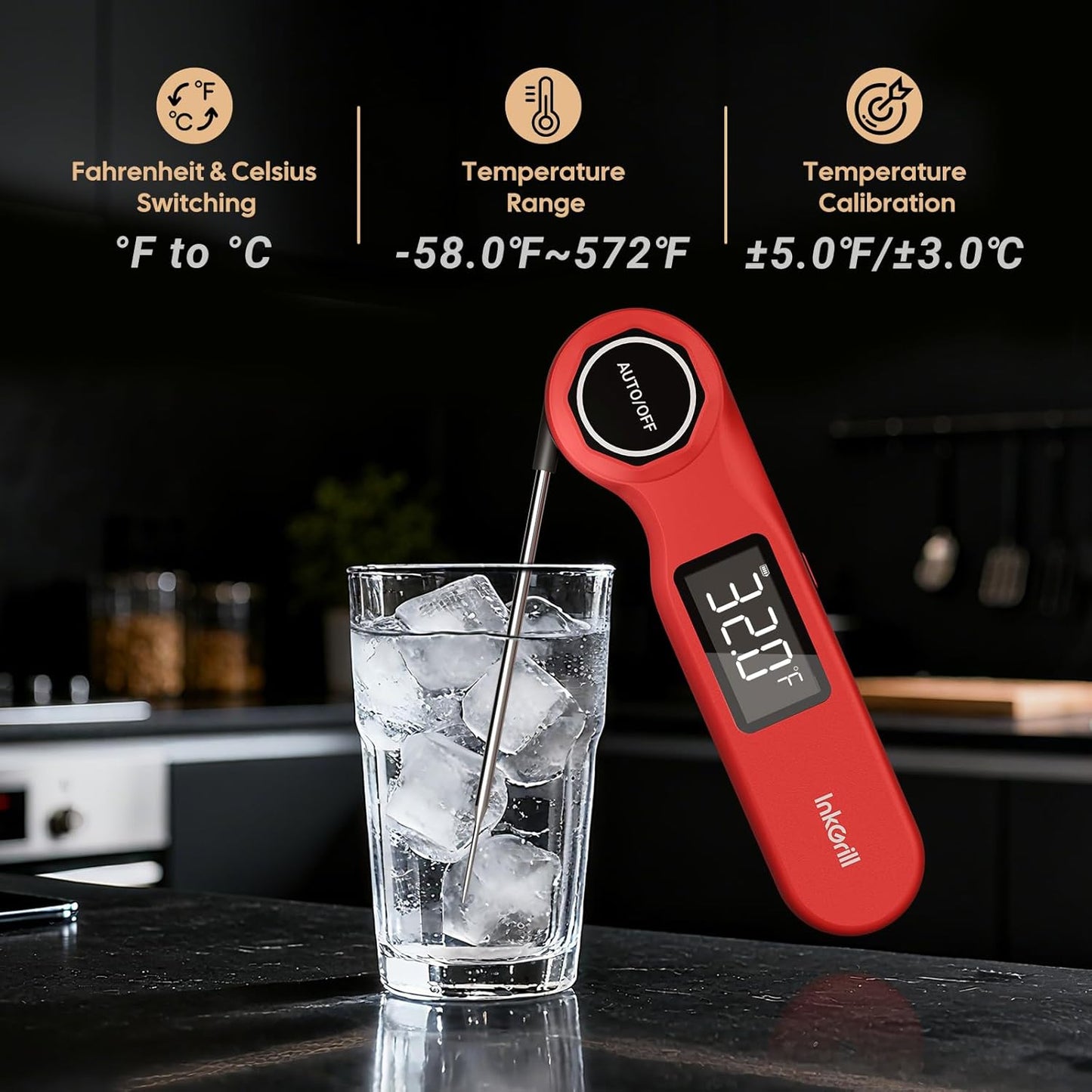 Skiennix Instant Read Meat Thermometer - Rechargeable Digital Cooking Thermometer with Waterproof Design | 1.42" Screen