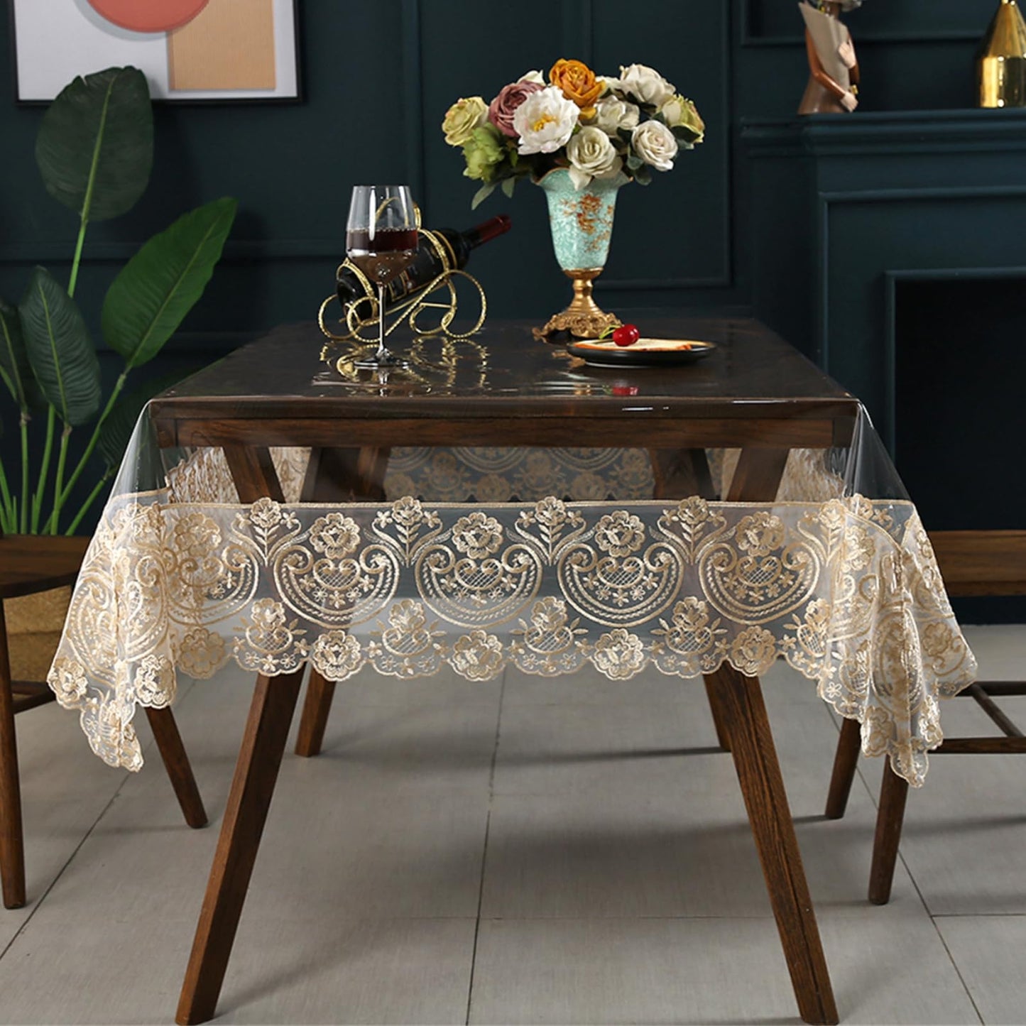 Rakila Clear Plastic Rectangle Tablecloth Vinyl Waterproof Table Cloth Embroidered Lace Edge Transparent Table Cover for Dining Kitchen Outdoor(60 x 118 inch, Coffee Style 1)